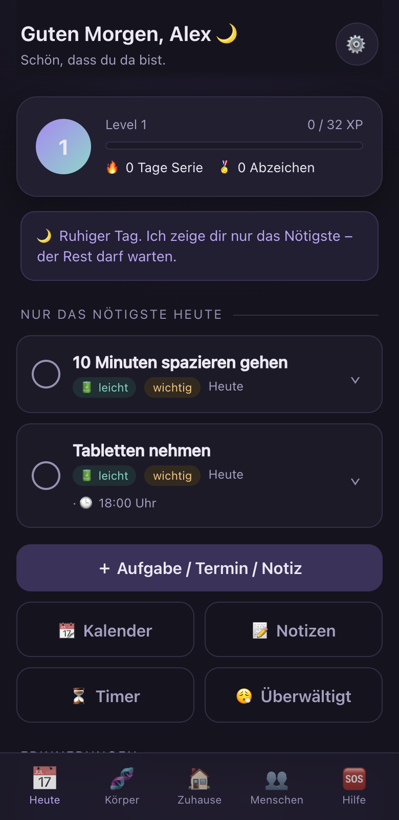 Aurin-App: Heute-Ansicht mit Tagesplan