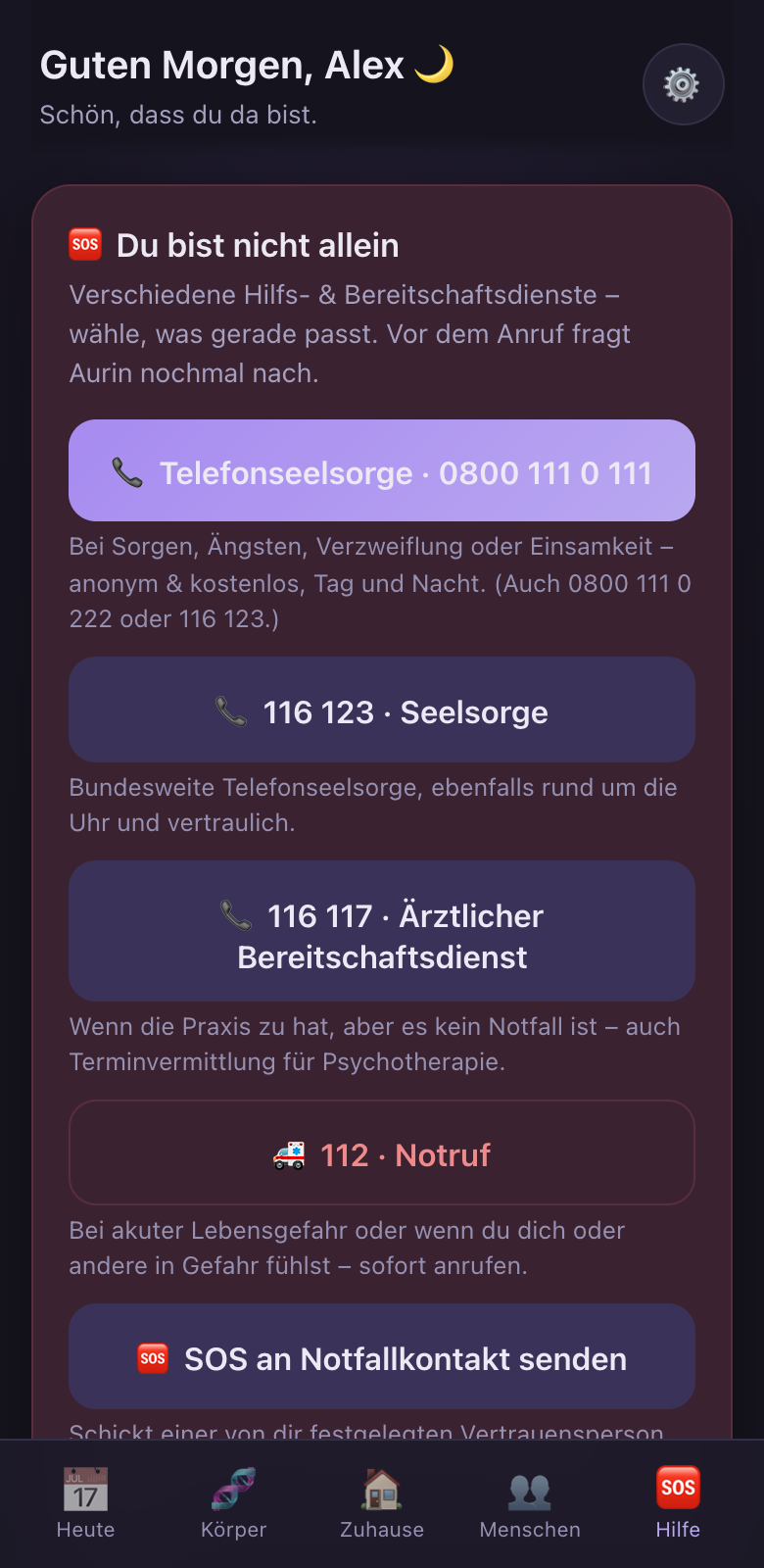 Aurin-App: Hilfe-Bereich